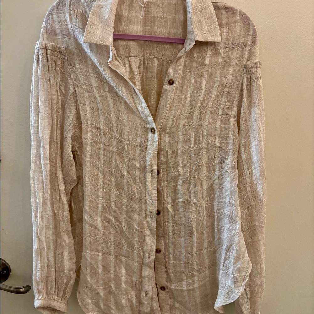 Free People Tan and White Relaxed Button Down Shirt